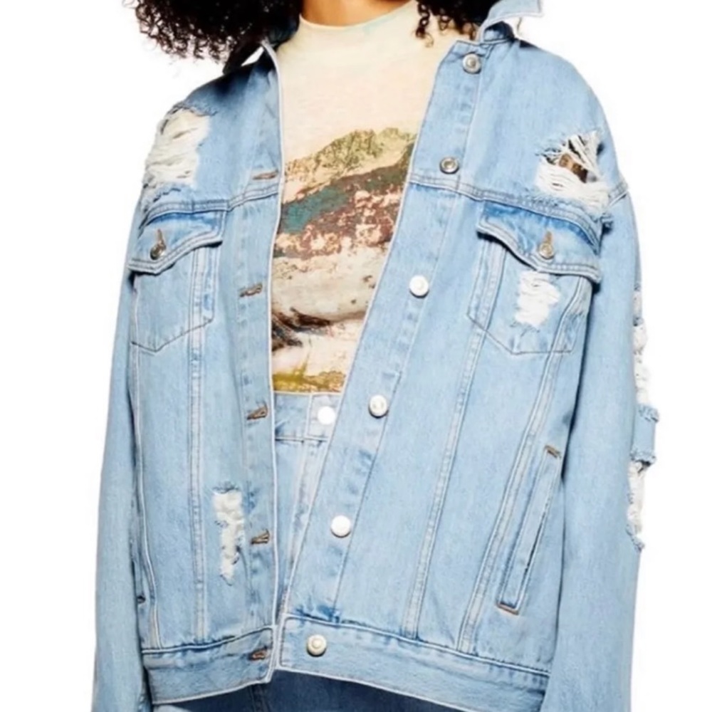 Topshop Distressed Denim Jacket Light Wash Size 6